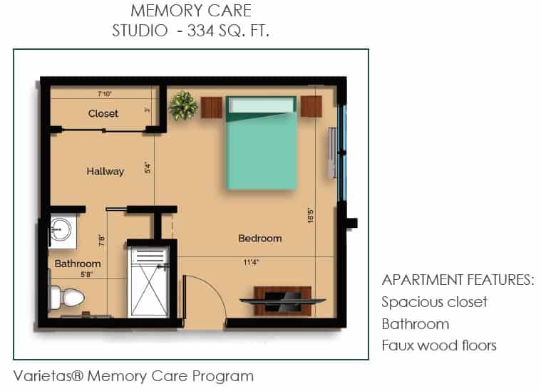 Memory care studio floor plan with 324 square feet, showcasing a bedroom, bathroom, and closet.