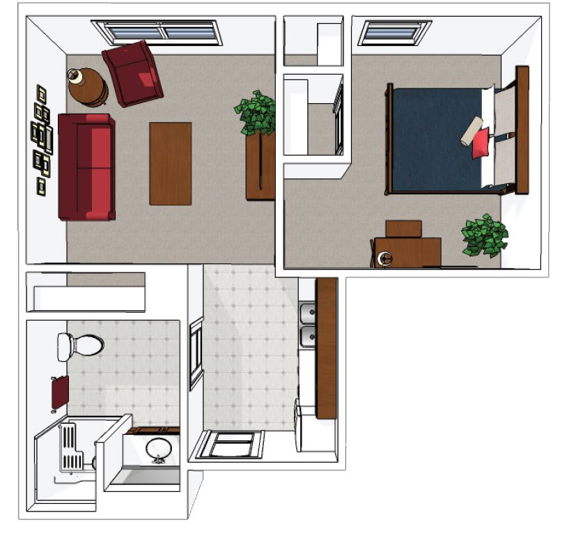 A simple floor plan of a one-bedroom apartment featuring a living room, kitchen, and bathroom.