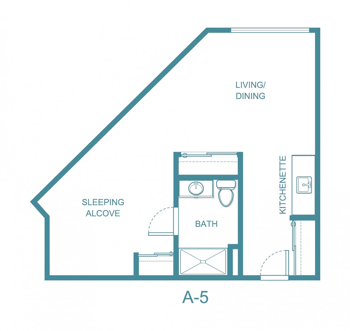 Studio apartment floor plan with living area, sleeping alcove, and bathroom.