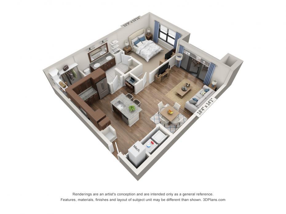 A 3D rendered floor plan of a modern one-bedroom apartment with an open kitchen and living area.