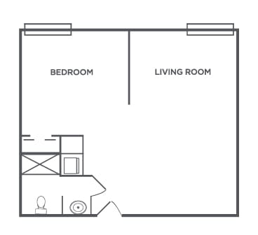 A simple floor plan showing a layout with a bedroom and living room.