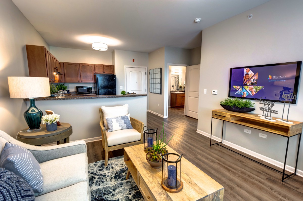 Modern open-plan living room with kitchen, featuring stylish furniture and decor.