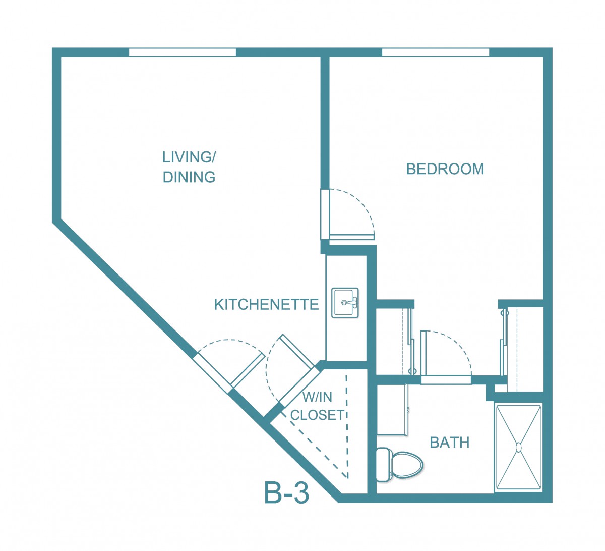 A blueprint of a one-bedroom apartment with a living/dining area, kitchenette, bath, and closet.