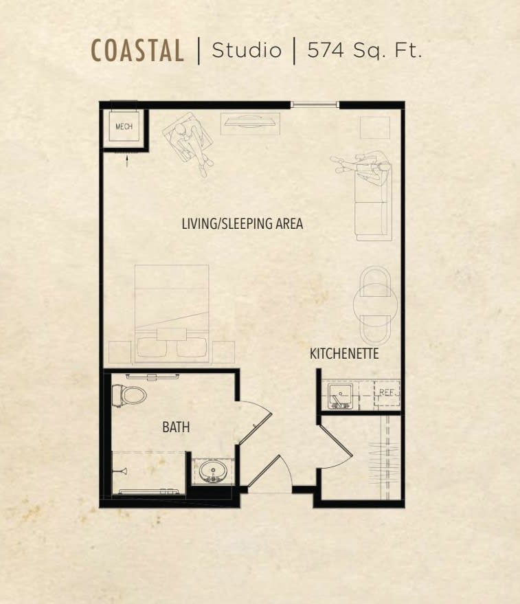 A floor plan of a coastal-themed studio apartment measuring 574 square feet.