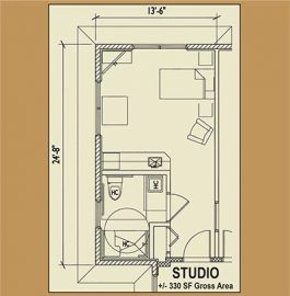Floor plan of a compact studio apartment with designated living and bathroom areas.