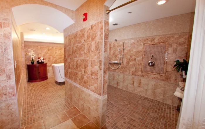 A luxurious bathroom with tiled walls and a spacious walk-in shower.
