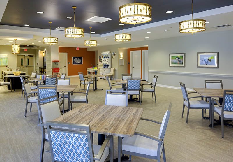 A modern dining area with wooden tables, upholstered chairs, and stylish lighting fixtures.