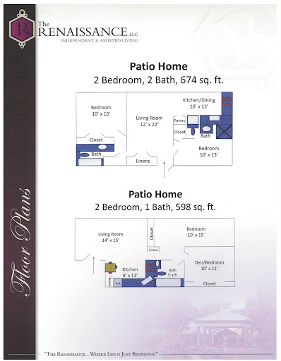 Floor plans for patio homes featuring various bedroom and bath configurations.