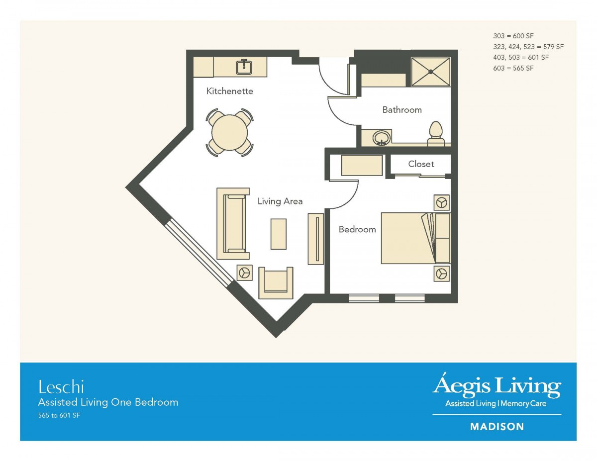 A floor plan of a one-bedroom apartment, featuring a living room, kitchen, dining area, bedroom, and bathroom.