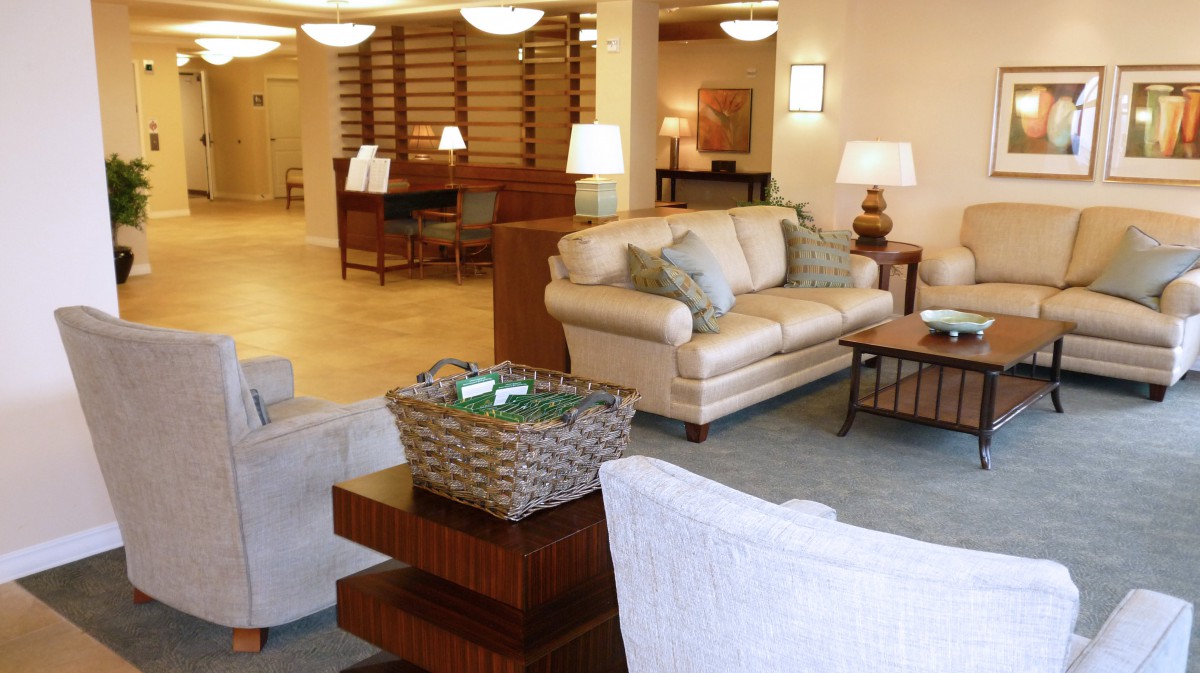 A modern and cozy lobby with comfortable seating and elegant decor.