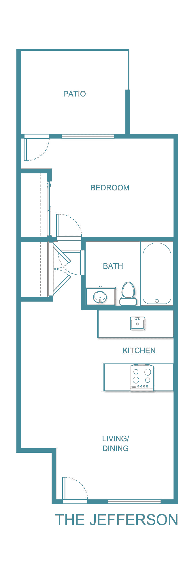 A floor plan of a small apartment featuring a bedroom, bathroom, and kitchen.