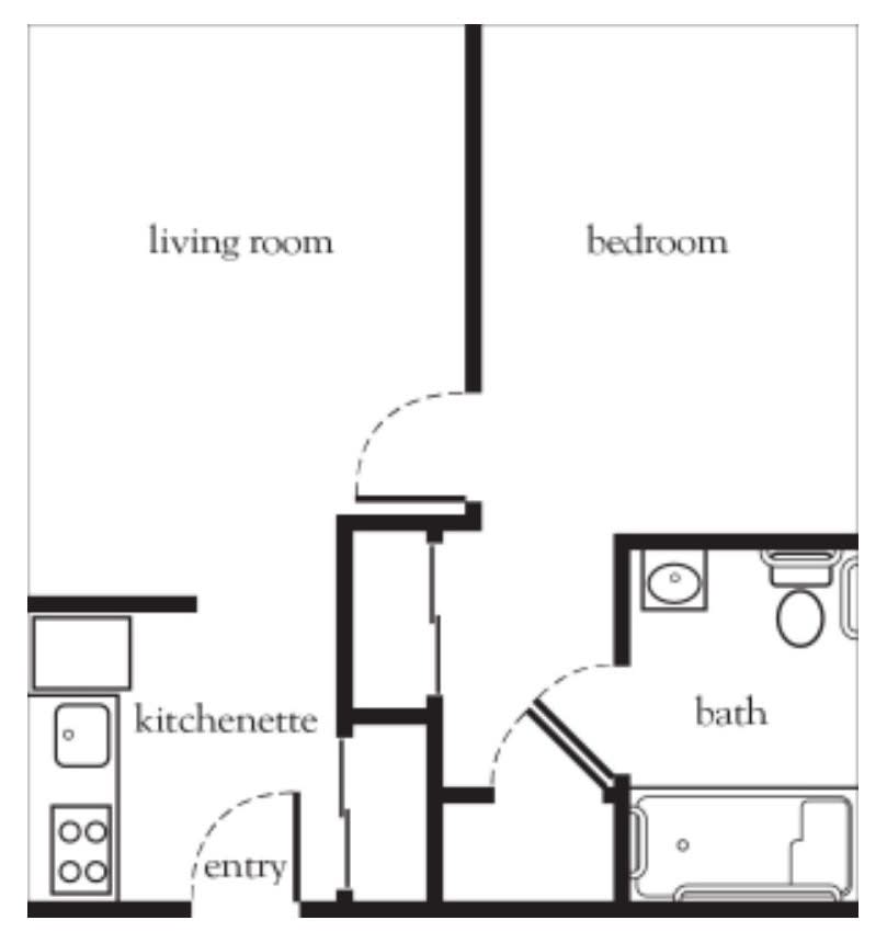 A simple floor plan of an apartment featuring a living room, bedroom, kitchenette, entryway, and bathroom.