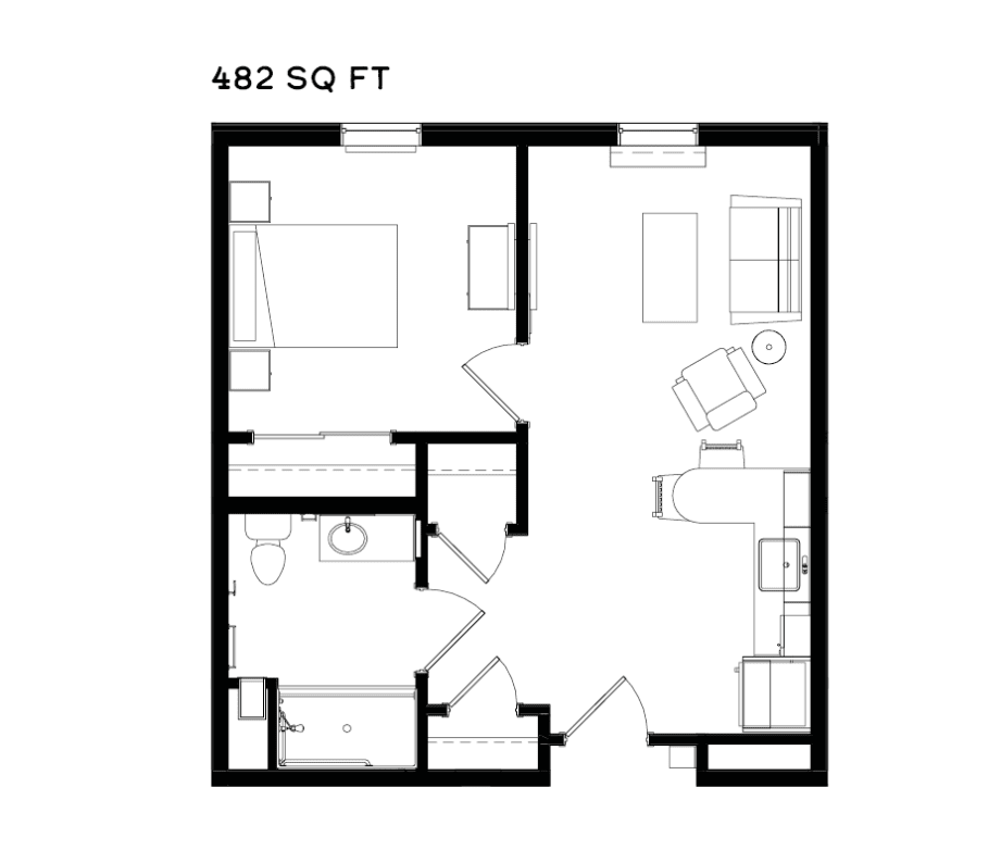 A floor plan of a 482 square foot studio apartment layout.
