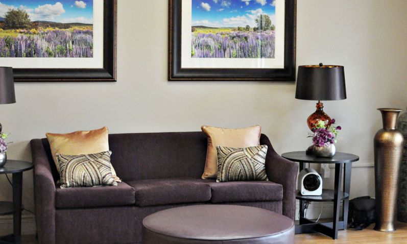 A cozy living room with a dark sofa adorned with decorative cushions, framed landscape artwork above, and a stylish lamp on a side table.