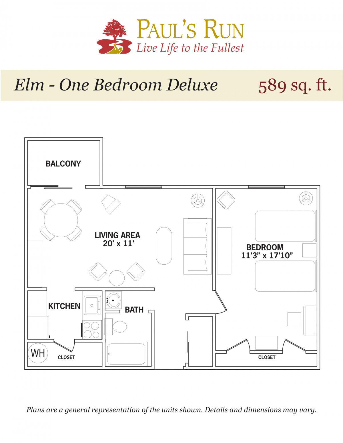 Elm One Bedroom Deluxe floor plan featuring a balcony, living area, kitchen, and one bedroom totaling 589 square feet.
