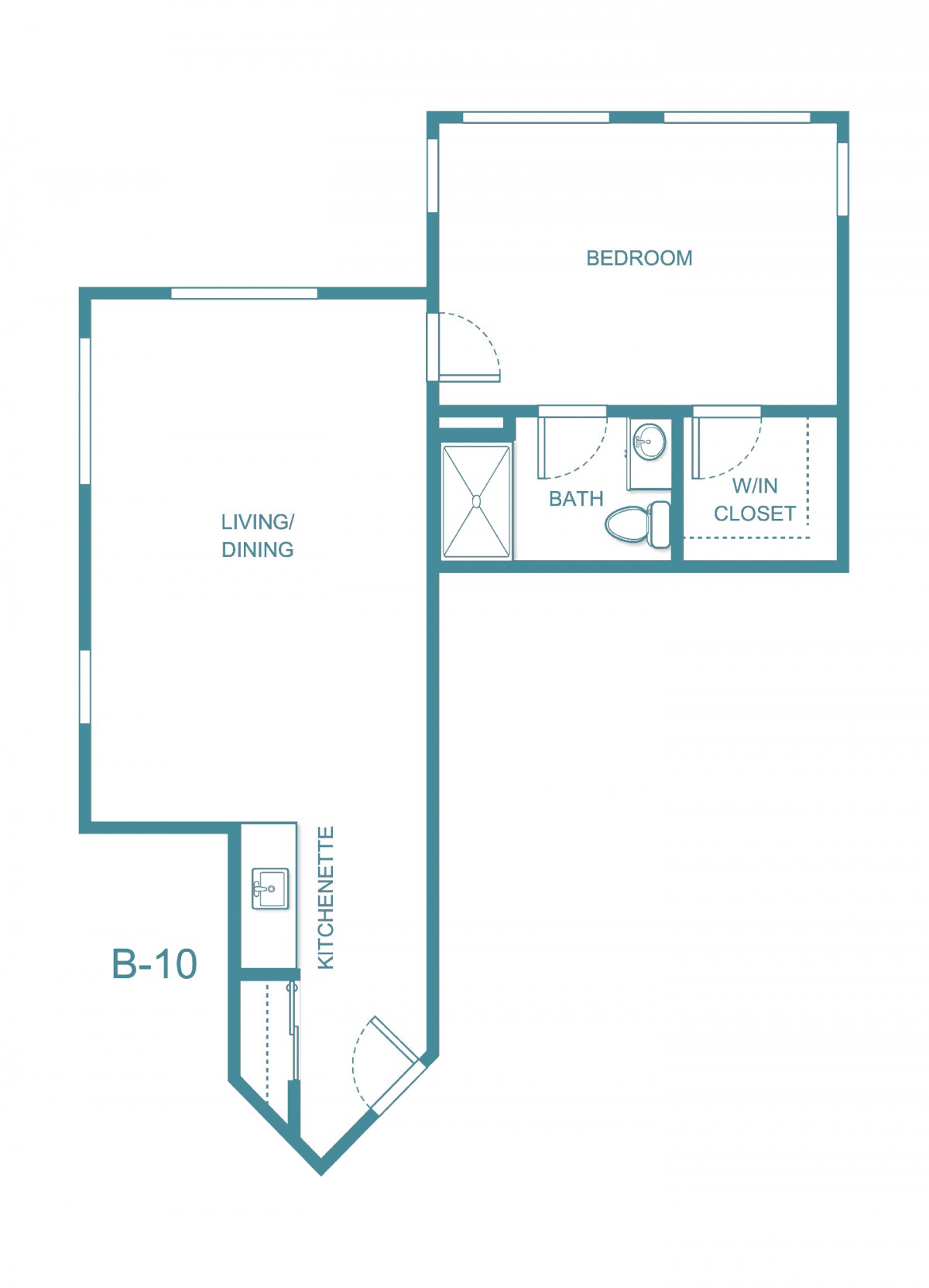 A floor plan of a one-bedroom apartment featuring a living room, kitchen, bathroom, and closet.