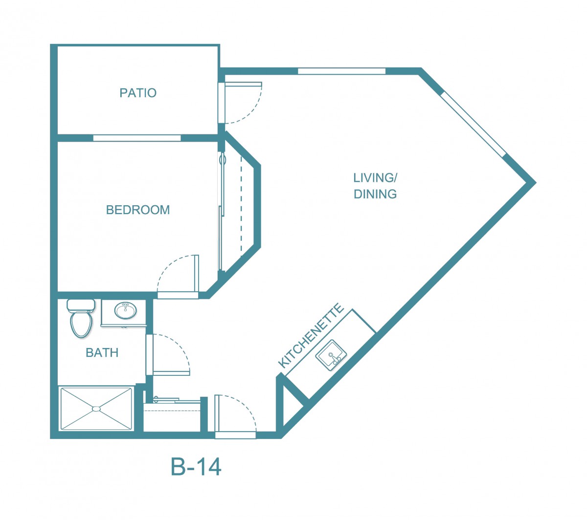 A floor plan of a one-bedroom apartment featuring a living/dining area, bedroom, bath, kitchen, and patio.