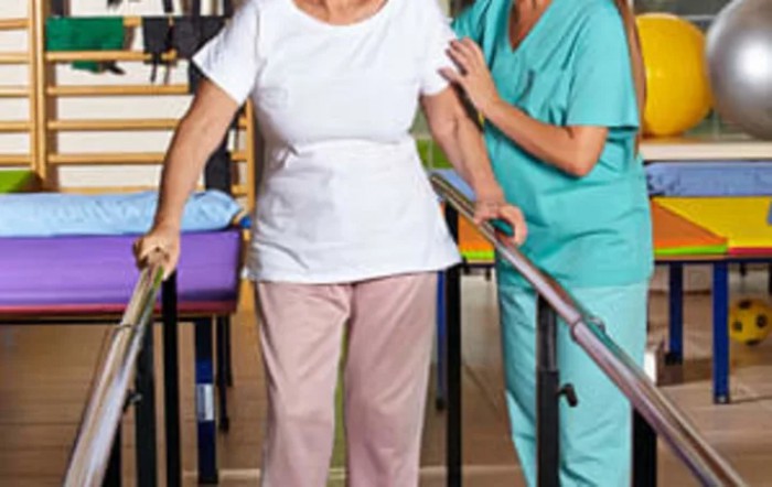 A healthcare professional assists an elderly person with physical therapy using parallel bars.