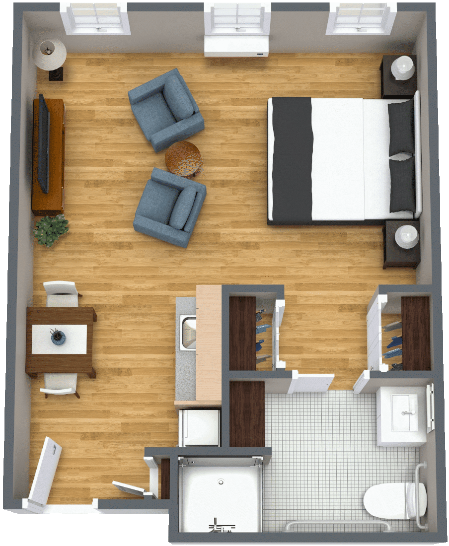 A detailed floor plan showcasing a modern apartment layout with a bedroom, living area, kitchen, and bathroom.