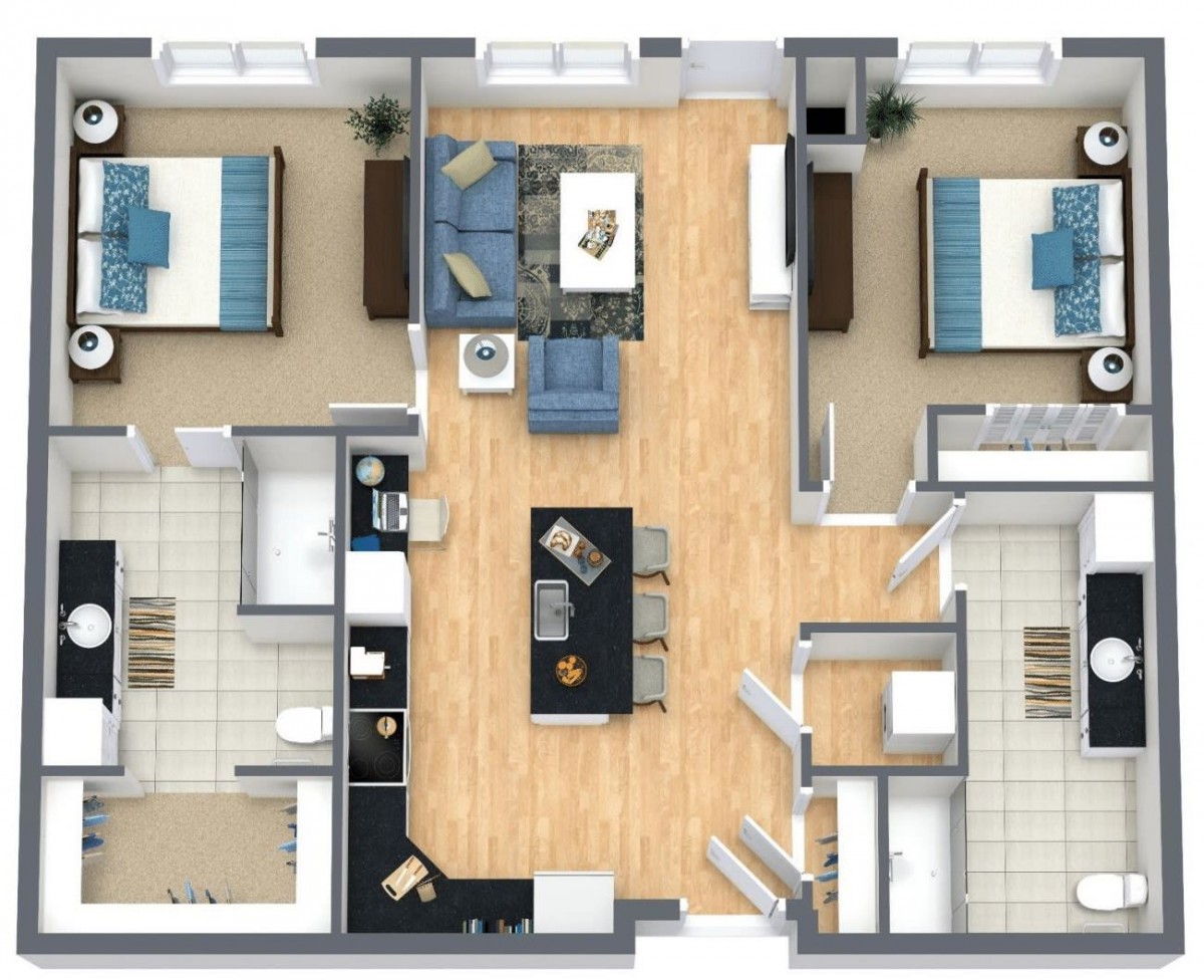 A detailed floor plan of a modern apartment featuring two bedrooms, a central living area, and kitchen space.