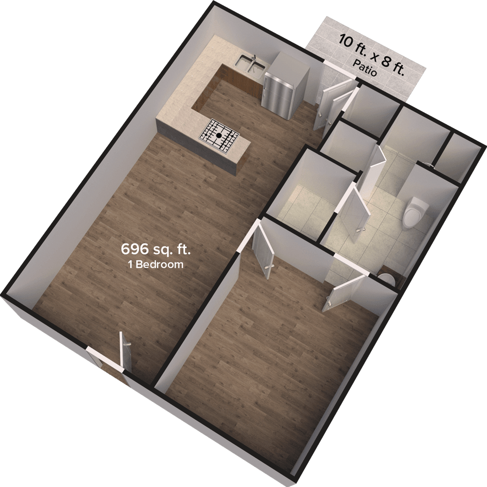 A 3D floor plan of a 1-bedroom apartment with labeled dimensions.