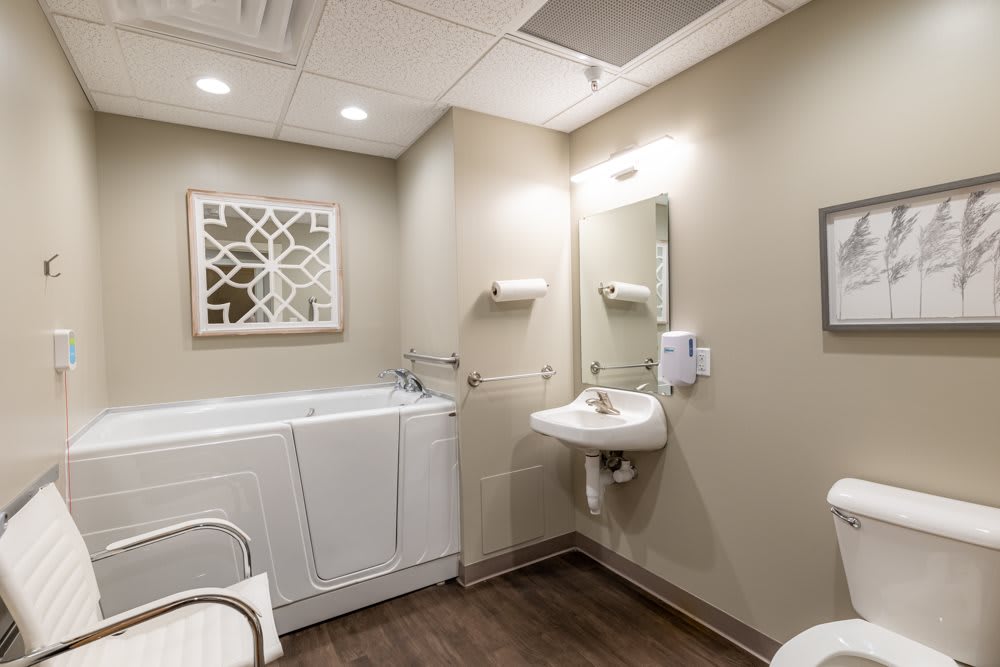 A modern, accessible bathroom with a walk-in bathtub and wall-mounted sink.