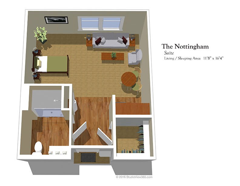 3D rendering of a studio apartment's floor plan, showcasing furniture layout and room divisions.