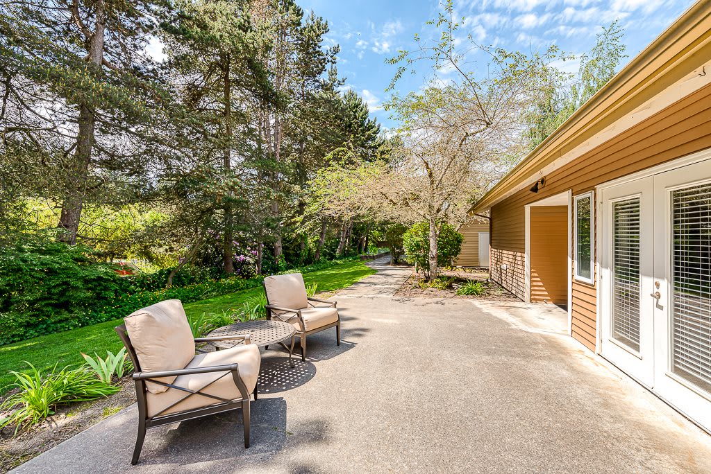 A tranquil outdoor patio with chairs overlooking a garden pathway surrounded by lush trees.
