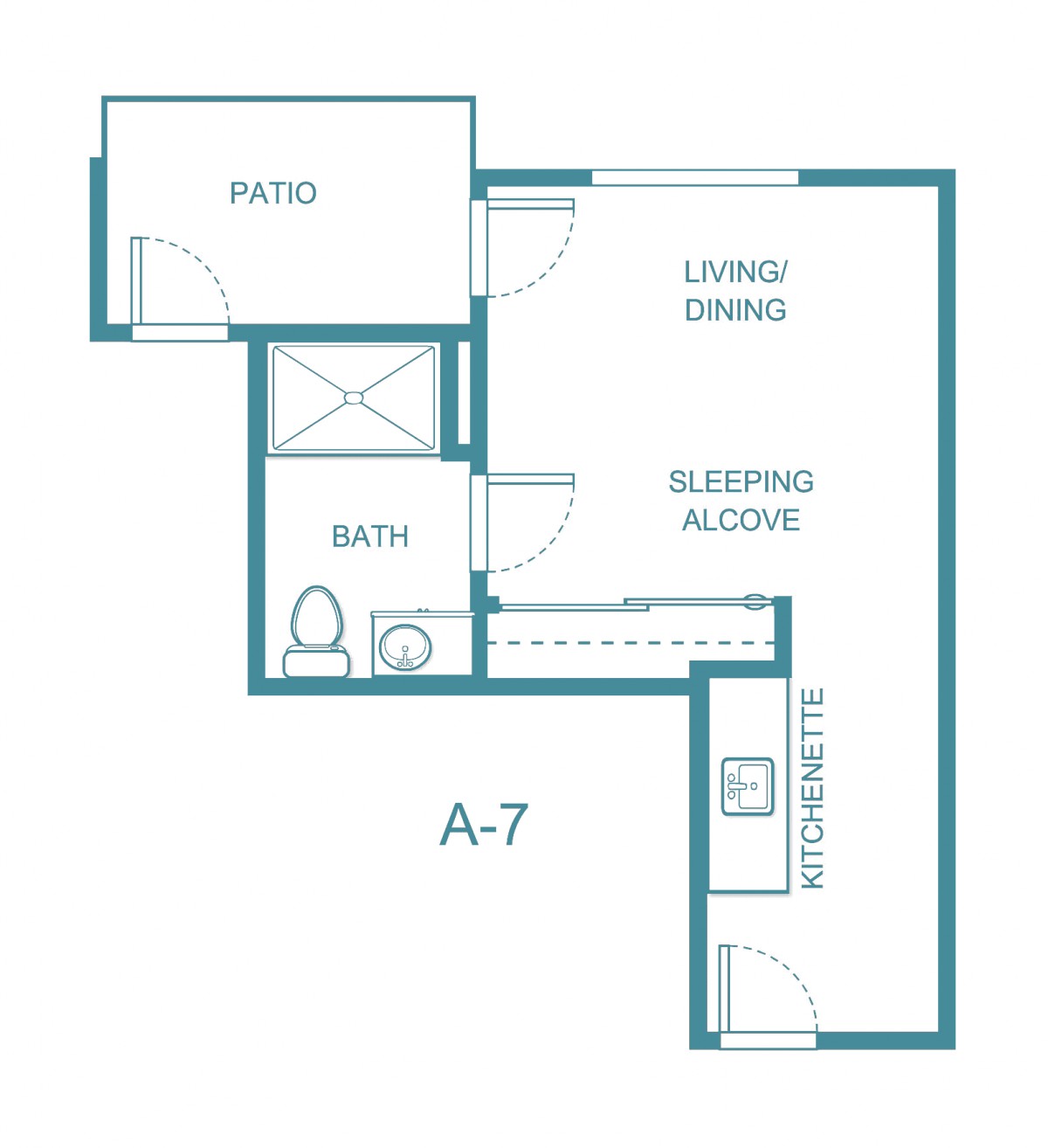 A floor plan of a studio apartment layout with a patio, living/dining area, sleeping alcove, kitchen, and bath.