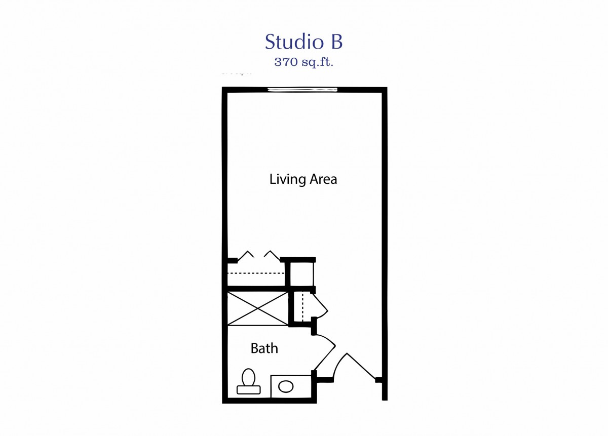 Floor plan of Studio B, featuring a large living area and a compact bathroom.