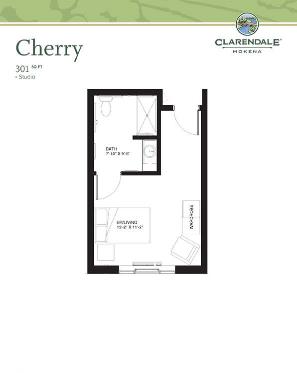 A floor plan for a Cherry studio apartment at Clarendale.