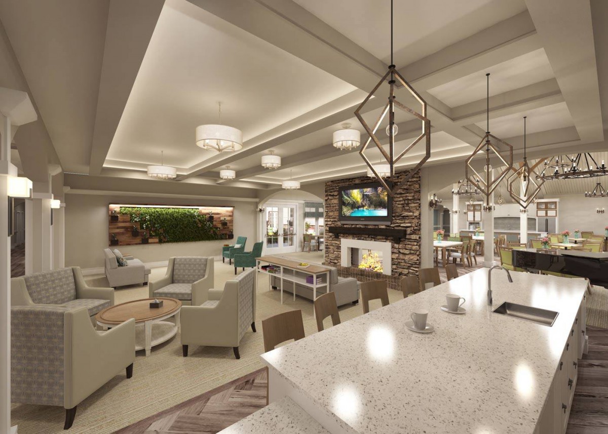 A modern and luxurious living room featuring comfortable seating, elegant lighting, a TV, and a fireplace.