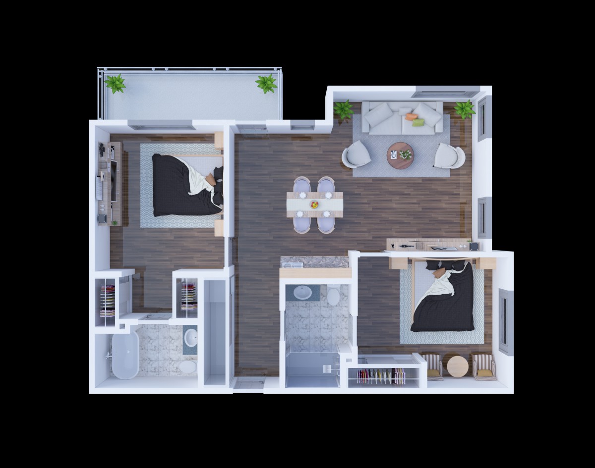A modern 2-bedroom apartment floor plan featuring an open living and dining area.