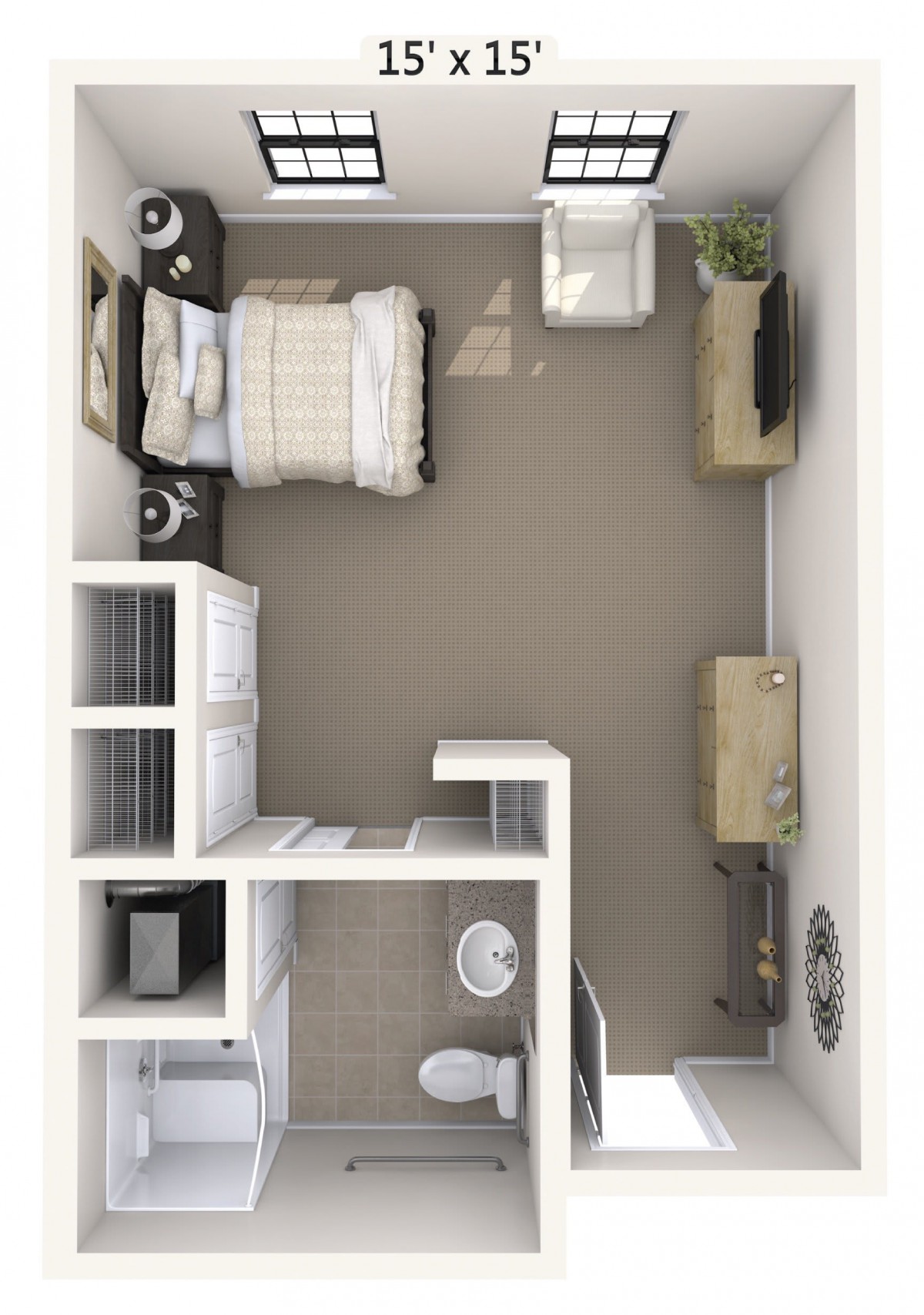 A 3D floor plan of a compact living space with a bedroom and bathroom.