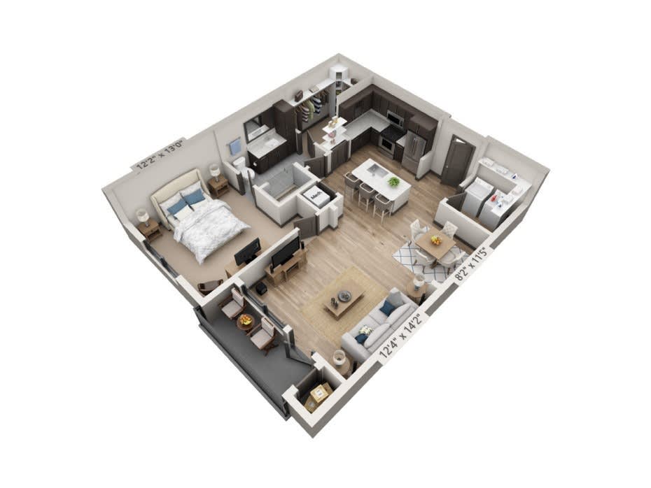 3D rendered floor plan of a modern apartment.