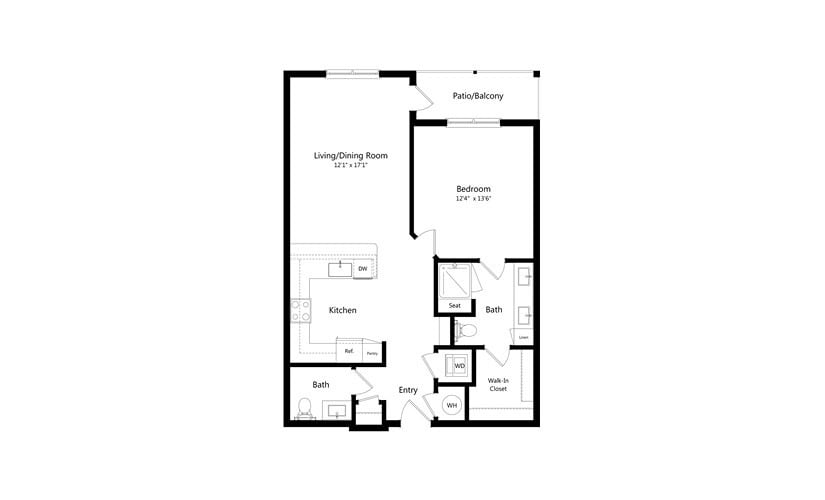 This image shows a floor plan of an apartment, featuring a living/dining area, kitchen, bedroom, and bathroom.
