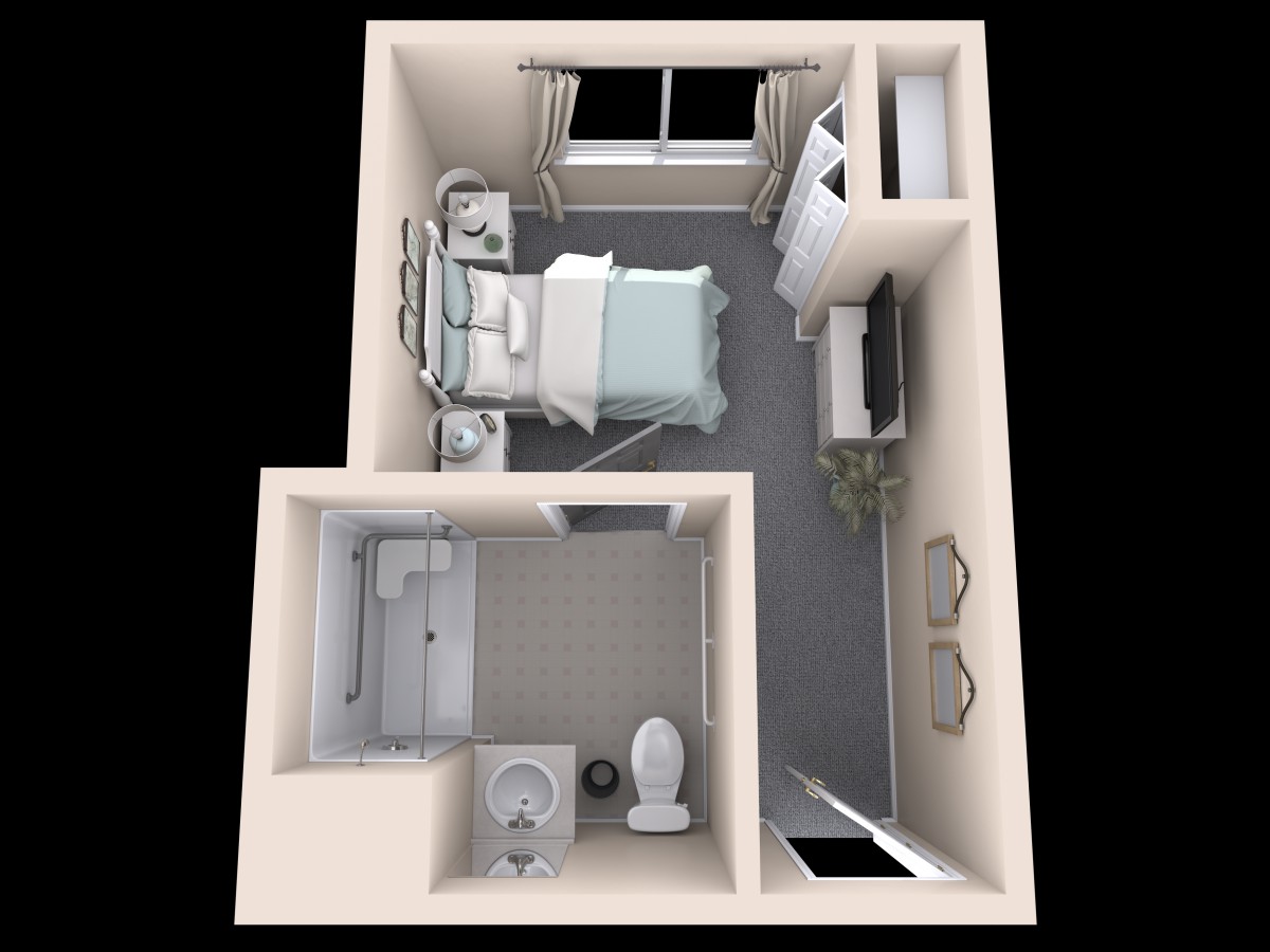 3D floor plan of a hospital room with a single bed and attached bathroom.