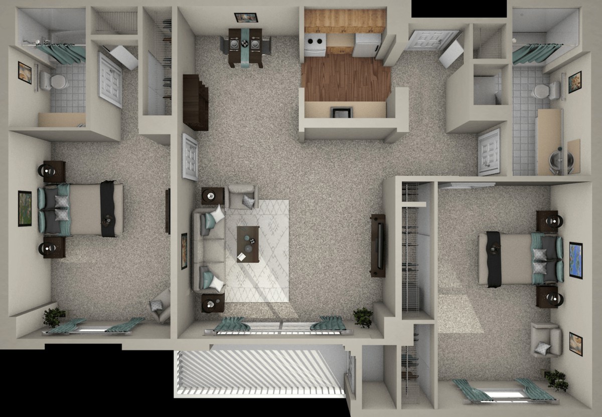 A 3D rendered floor plan of an apartment featuring a kitchen, living room, two bedrooms, and a bathroom.