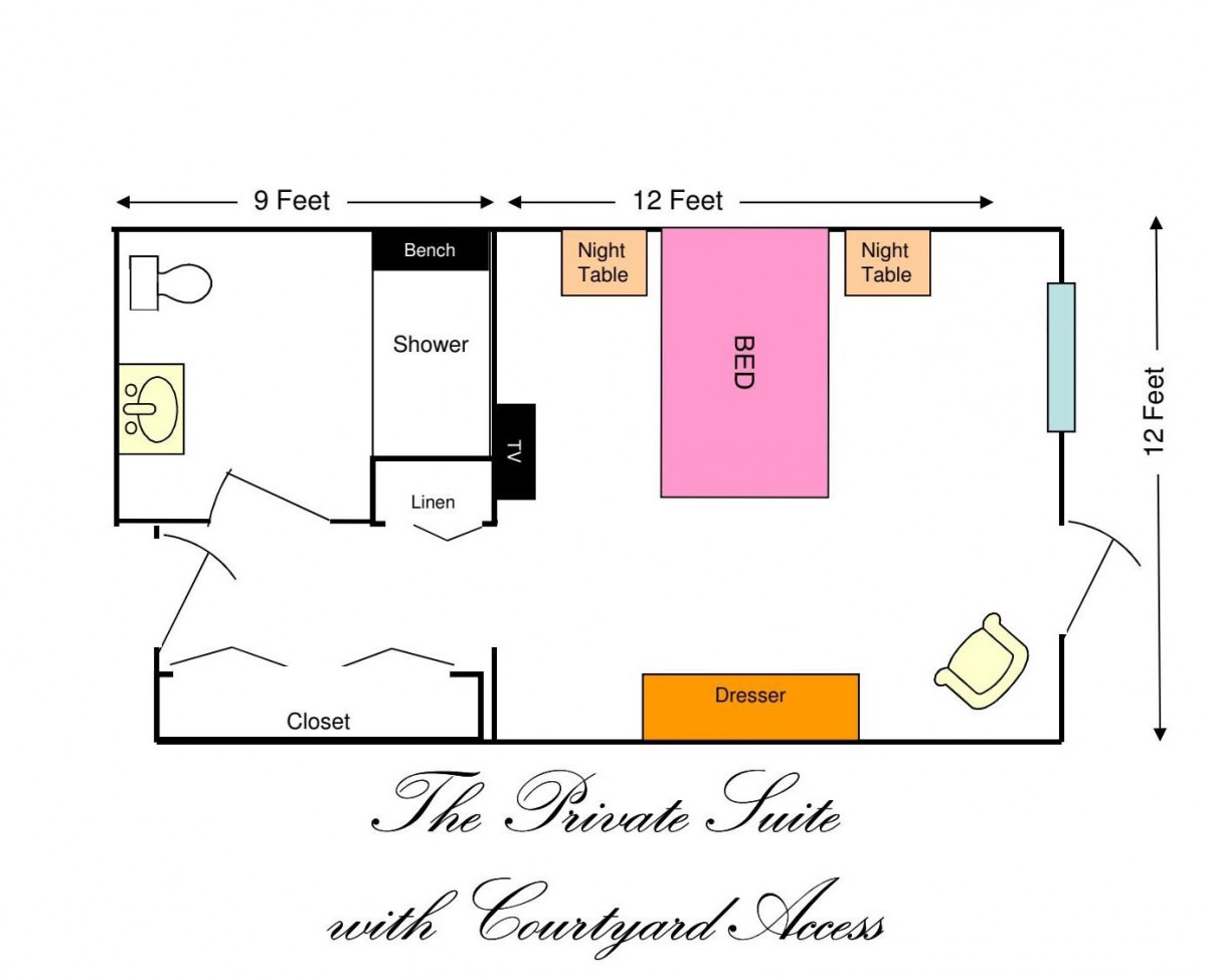 Floor plan of a private suite with courtyard access, showcasing furniture arrangement and room dimensions.