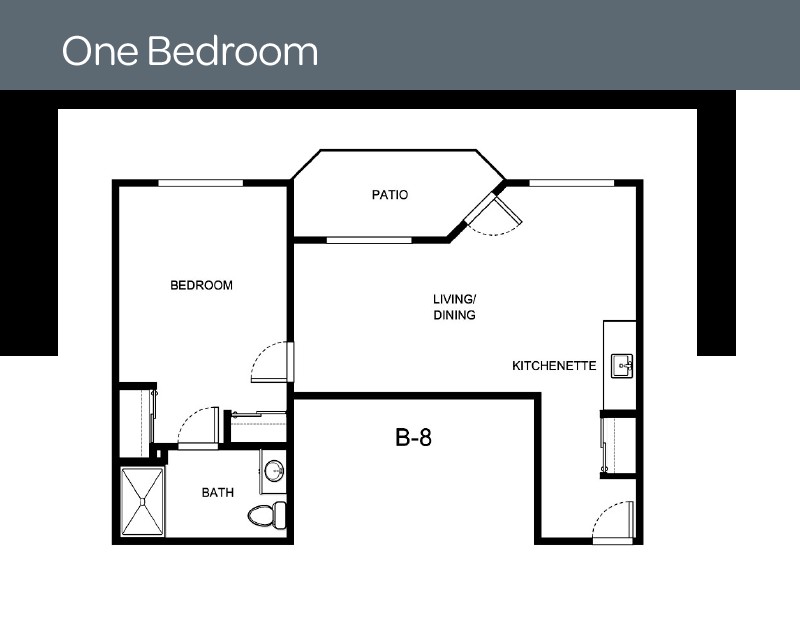 One-bedroom apartment floor plan layout.