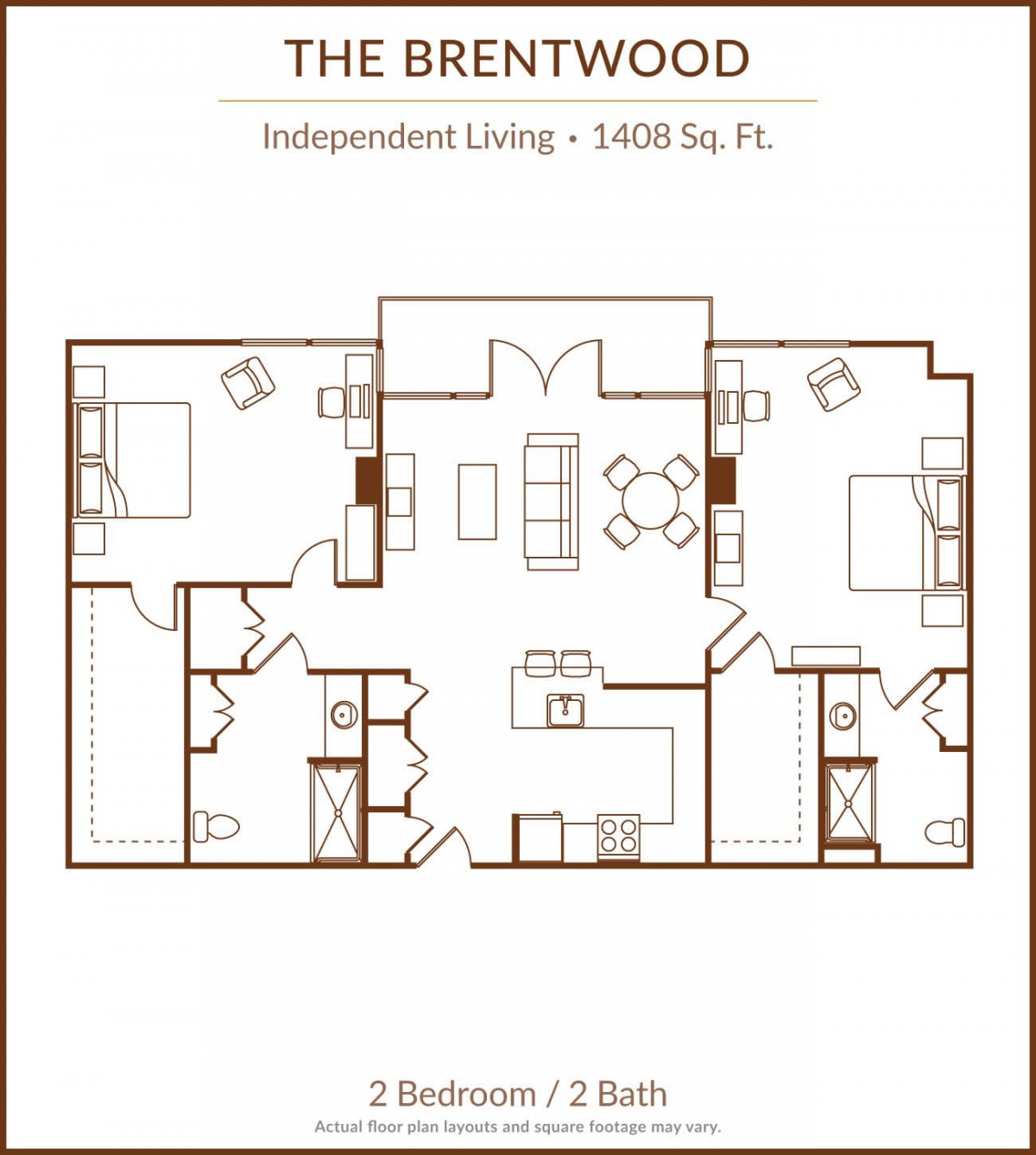 The Brentwood independent living 3-bedroom, 2-bath floor plan layout.