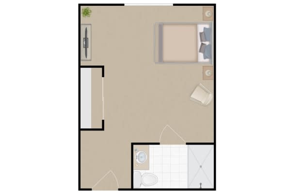A simple floor plan of a bedroom with a bed, chair, TV, and bathroom.