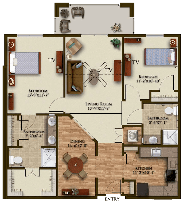 This image depicts a floor plan of a two-bedroom apartment featuring a living room, kitchen, and bathroom.