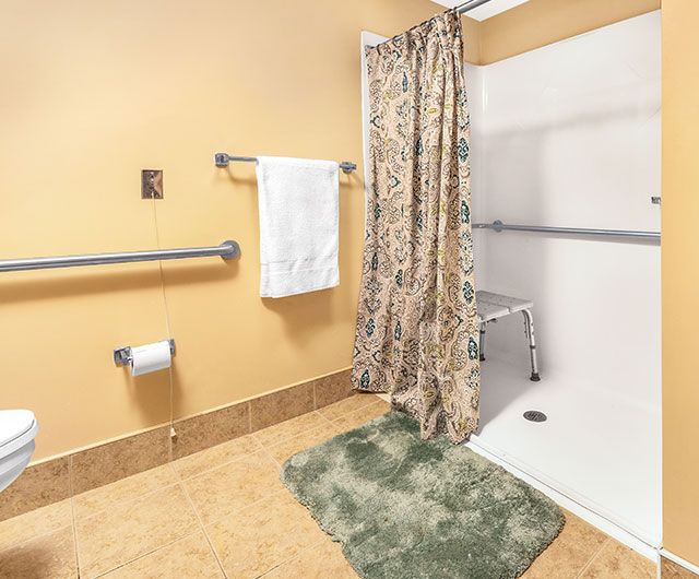 An accessible bathroom featuring a shower with handrails and a patterned curtain.