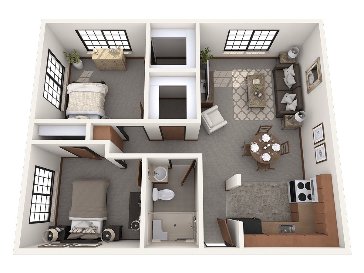 A detailed floor plan of an apartment showing two bedrooms, a living room, kitchen, and bathroom.