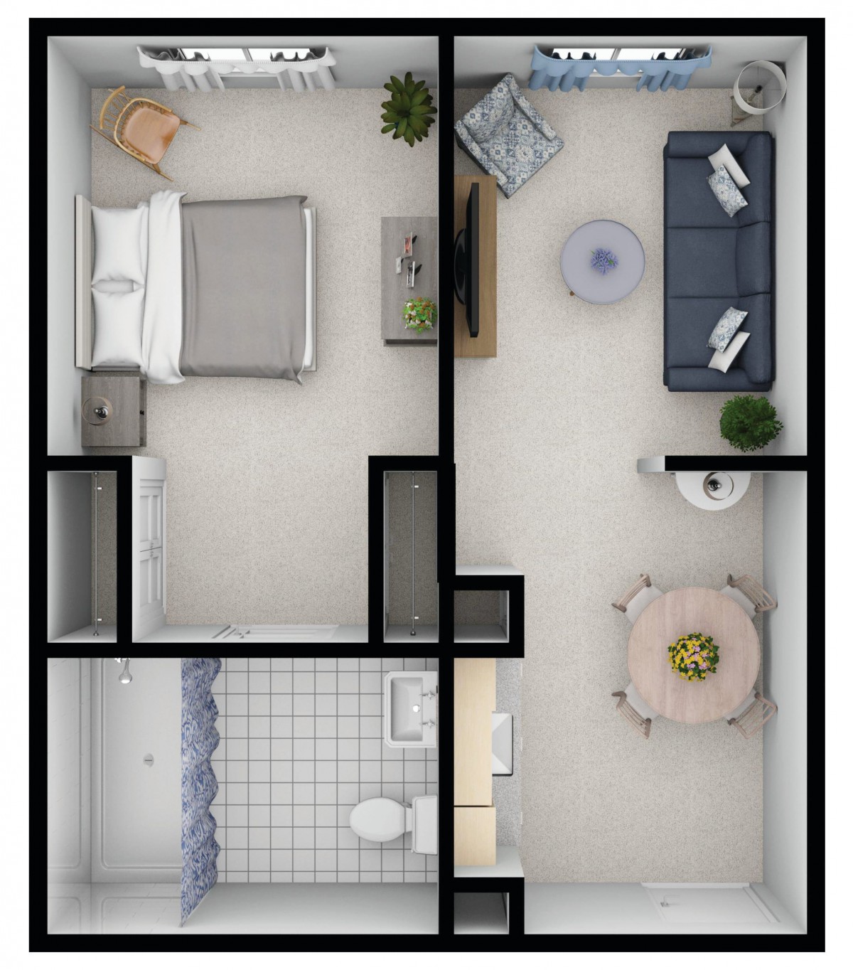 A small apartment floor plan featuring a bedroom, living room, and bathroom.