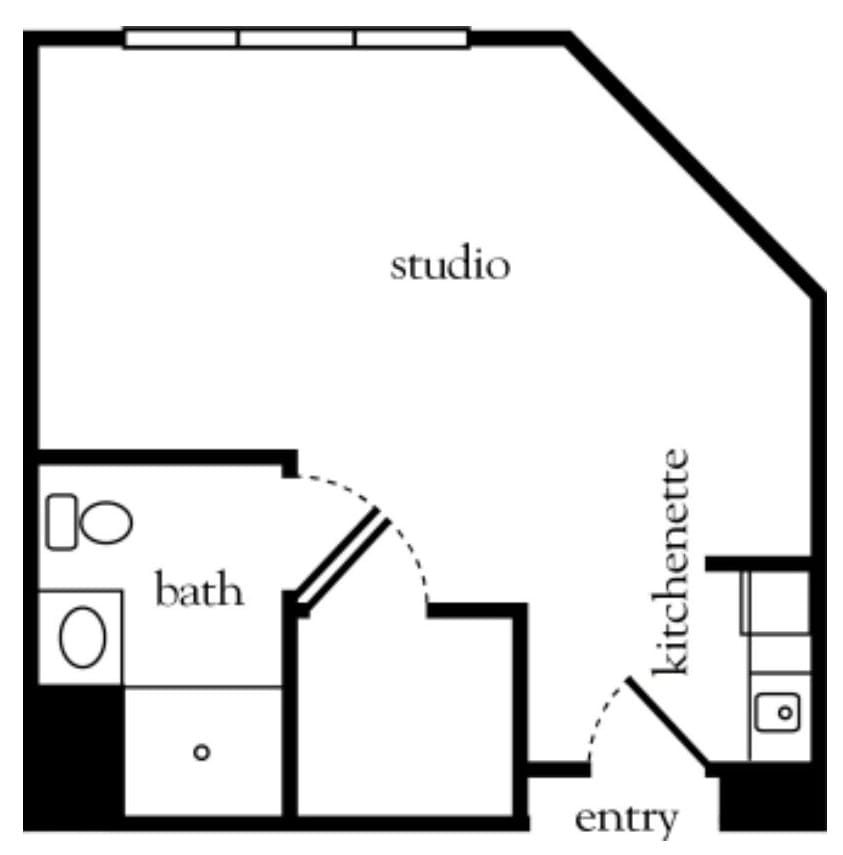 Floor plan of a studio apartment with a bath and kitchenette.