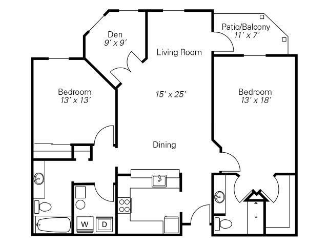A detailed floor plan of an apartment with two bedrooms, a living room, kitchen, and patio.