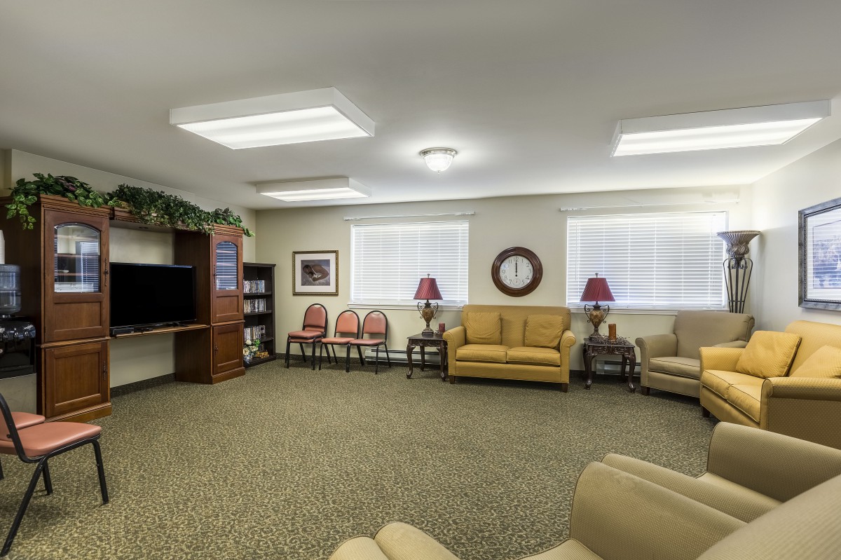 A cozy living room with sofas, chairs, a television, and a bookshelf.
