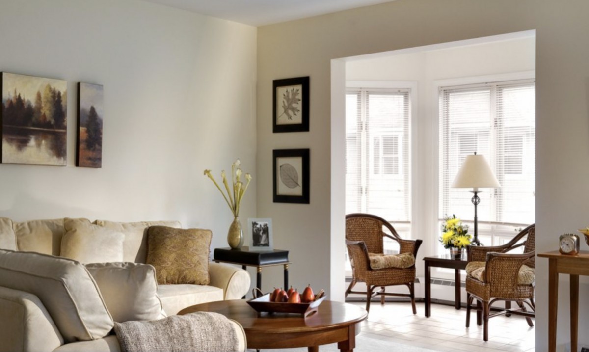 A cozy and elegantly designed living room with comfortable seating and natural light.